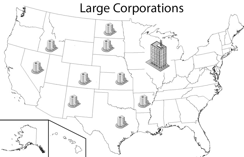a United States map with a simulated corporate entity providing jobs